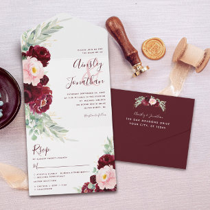 Burgundy Blush Floral Modern Wedding All In One Invitation