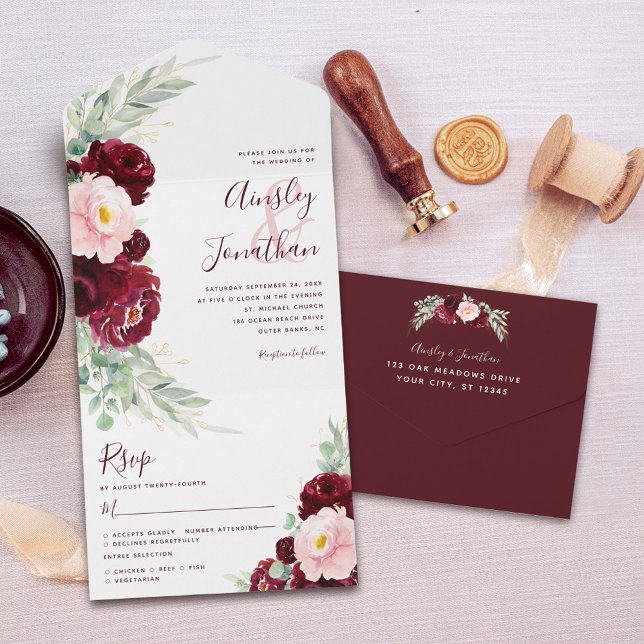 Burgundy Blush Floral Modern Wedding  All In One Invitation (Creator Uploaded)