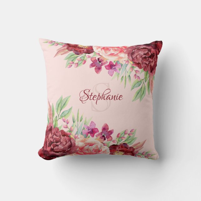 Burgundy Blush Floral Name Monogram Cushion (Front)