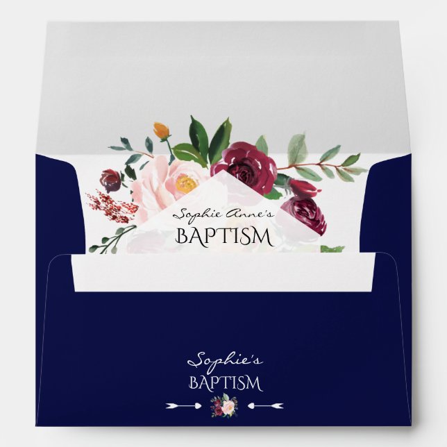 Burgundy Blush Floral Navy Blue Geometric Baptism Envelope (Back (Bottom))