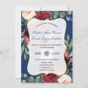 Burgundy Blush Floral Navy Blue Gold Wedding Invitation
