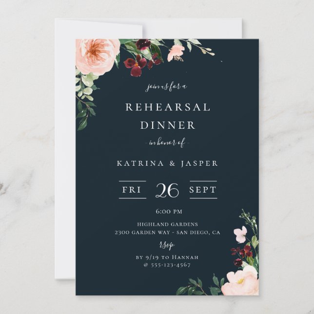 Burgundy Blush Floral Navy Blue Rehearsal Dinner Invitation (Front)