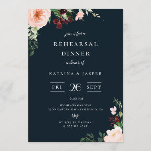 Burgundy Blush Floral Navy Blue Rehearsal Dinner Invitation