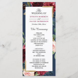 Burgundy Blush Floral Navy Blue Wedding Program