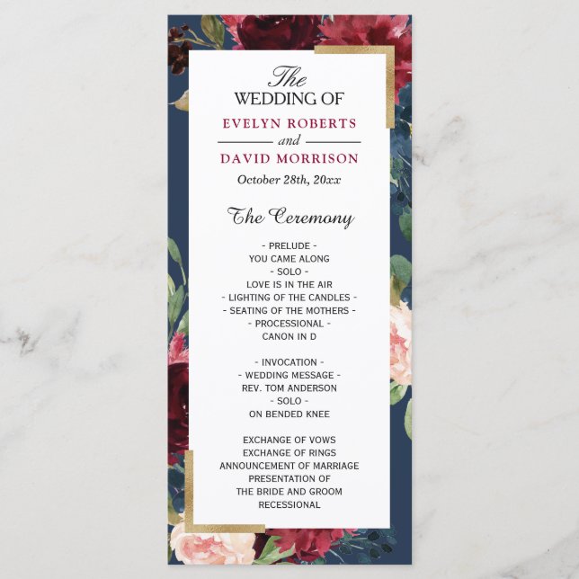 Burgundy Blush Floral Navy Blue Wedding Program (Front)