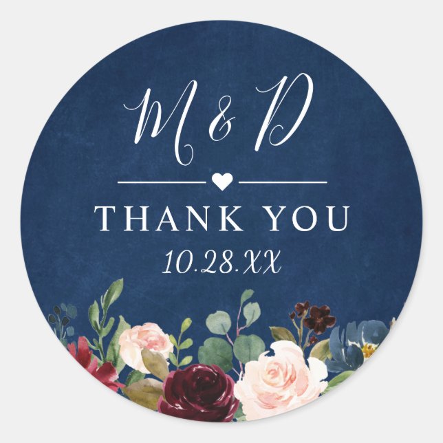 Burgundy Blush Floral Navy Blue Wedding Thank You Classic Round Sticker (Front)