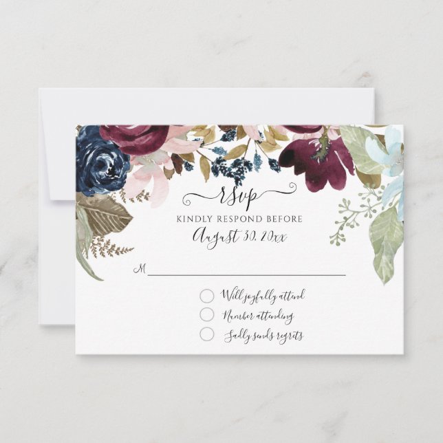 Burgundy Blush Floral Navy Elegant Wedding Foliage RSVP Card (Front)