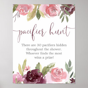 Burgundy blush floral Pacifier hunt shower game Po Poster