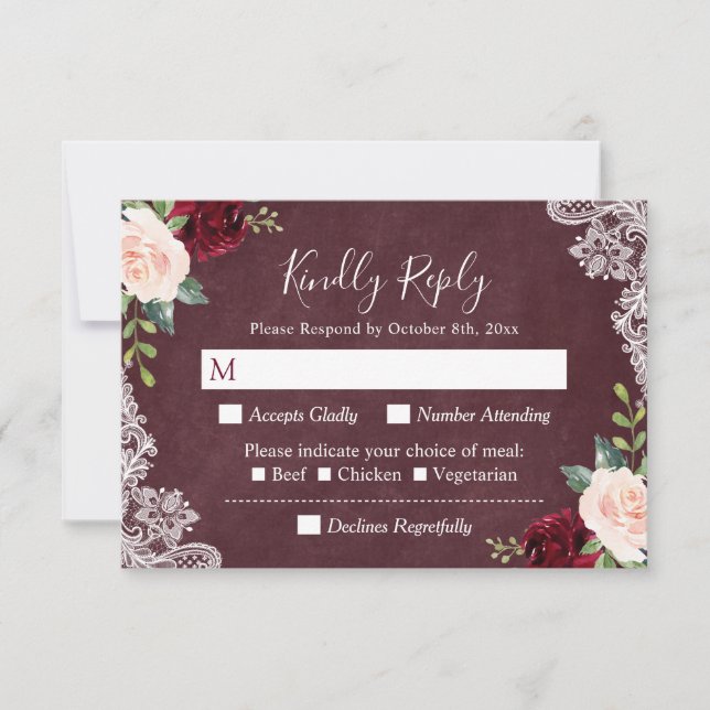Burgundy Blush Floral Paisley Lace Wedding RSVP (Front)