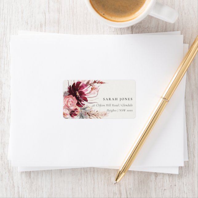 Burgundy Blush Floral Pampas Grass Address Label (Insitu)