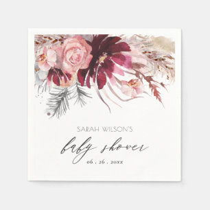 Burgundy Blush Floral Pampas Grass Baby Shower Napkin