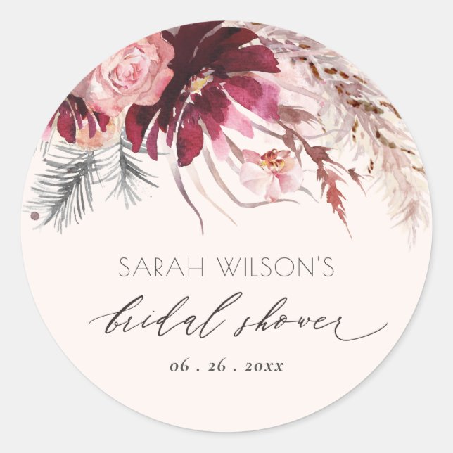 Burgundy Blush Floral Pampas Grass Bridal Shower  Classic Round Sticker (Front)