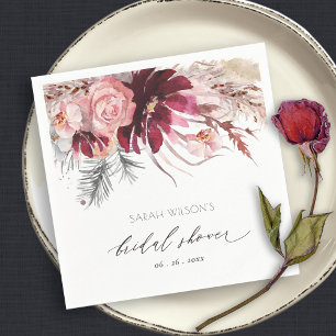 Burgundy Blush Floral Pampas Grass Bridal Shower N Napkin