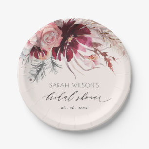 Burgundy Blush Floral Pampas Grass Bridal Shower Paper Plate