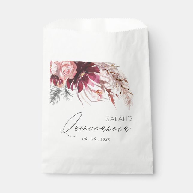 Burgundy Blush Floral Pampas Grass Quinceanera Favour Bag (Front)