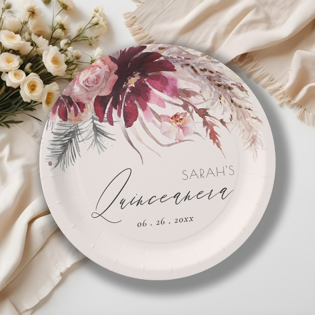 Burgundy Blush Floral Pampas Grass Quinceanera Paper Plate (Creator Uploaded)