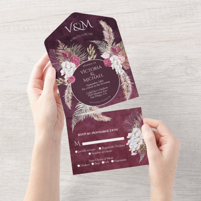 Burgundy Blush Floral Pampas Grass Wedding All In One Invitation (Tearaway)