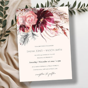 Burgundy Blush Floral Pampas Grass Wedding Invite