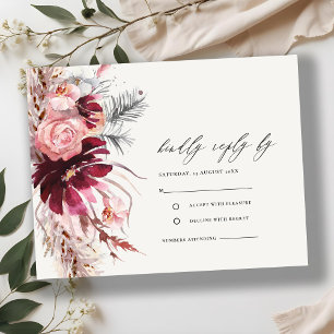 Burgundy Blush Floral Pampas Grass Wedding RSVP En Enclosure Card