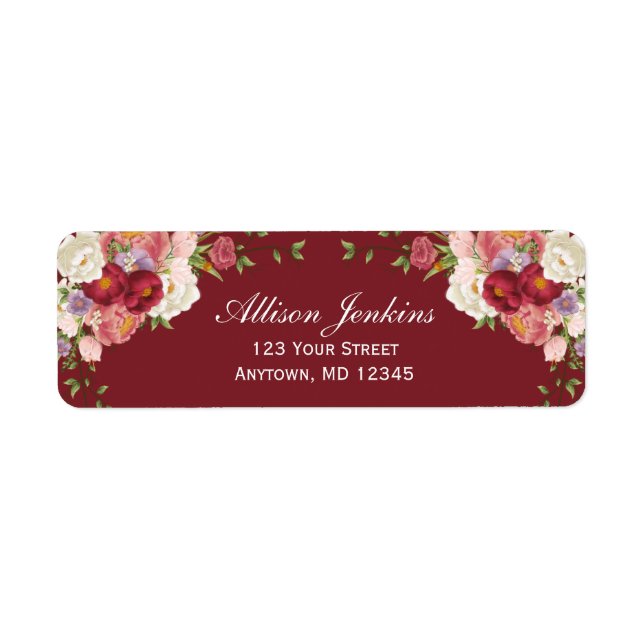 Burgundy Blush Floral Peony Custom Return Address Label (Front)