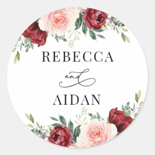 Burgundy Blush Floral Personalised Wedding Classic Round Sticker