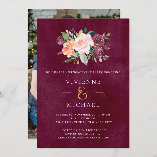 Burgundy Blush | Floral Photo Engagement Party Invitation (Front/Back)