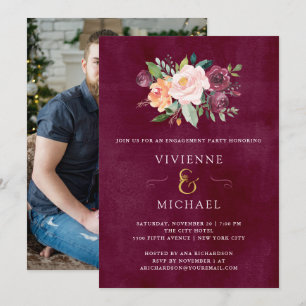Burgundy Blush   Floral Photo Engagement Party Invitation