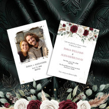 Burgundy Blush Floral Photo Wedding Invitation