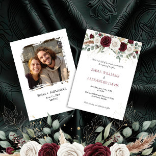 Burgundy Blush Floral Photo Wedding Invitation