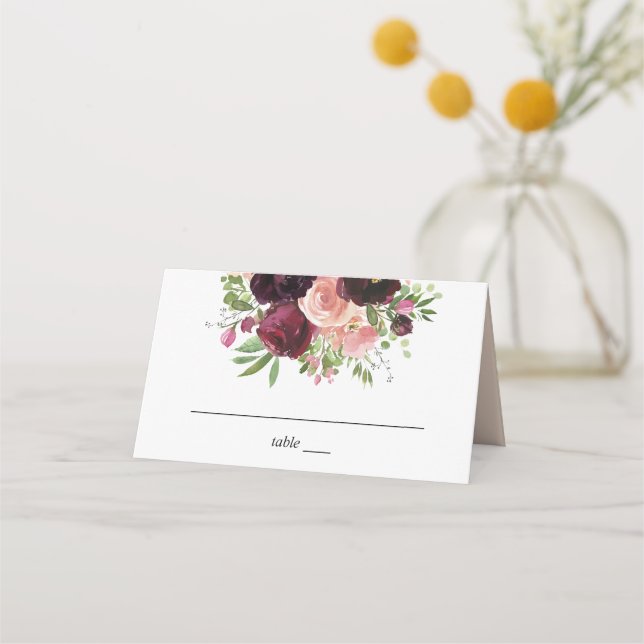 Burgundy & Blush Floral - Pink Place Card (Front)