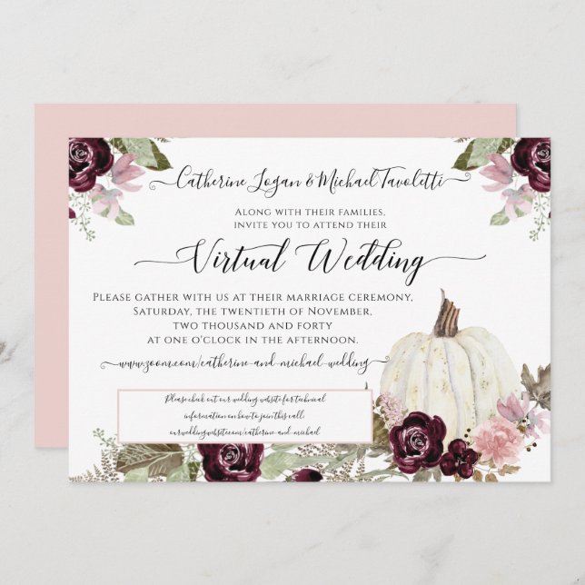 Burgundy Blush Floral Pumpkin Virtual Wedding Invitation (Front/Back)