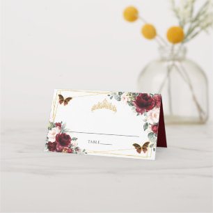 Burgundy Blush Floral Quinceañera 16th Birthday Place Card