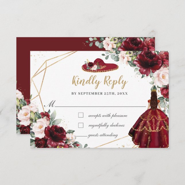 Burgundy Blush Floral Quinceañera Charro Hat RSVP Card (Front/Back)