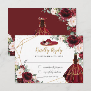 Burgundy Blush Floral Quinceañera Charro Hat RSVP Card