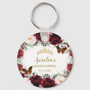 Burgundy Blush Floral Quinceañera Crown Butterfly  Key Ring