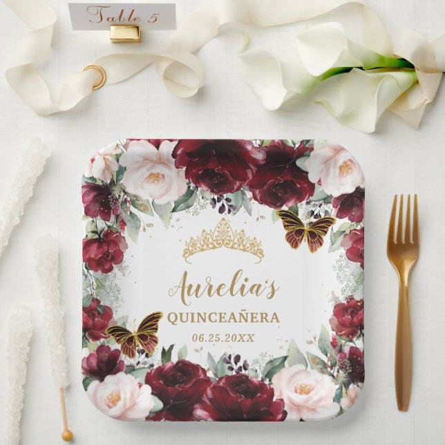 Burgundy Blush Floral Quinceañera Crown Butterfly Paper Plate (Wedding)