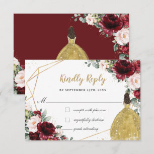 Burgundy Blush Floral Quinceañera Gold Princess  RSVP Card