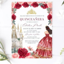 Burgundy Blush Floral Quinceanera Invitatio Red