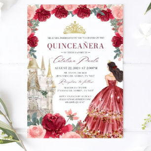 Burgundy Blush Floral Quinceanera Invitatio Red Invitation