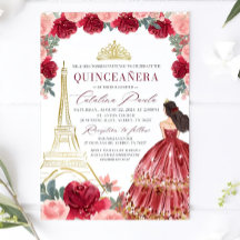 Burgundy Blush Floral Quinceanera Invitation, Red 