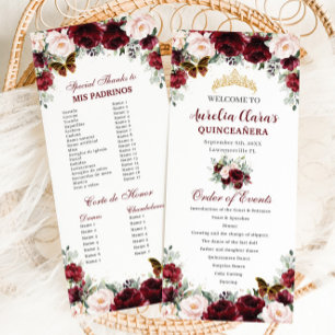 Burgundy Blush Floral QUINCEAÑERA Order of Events Program