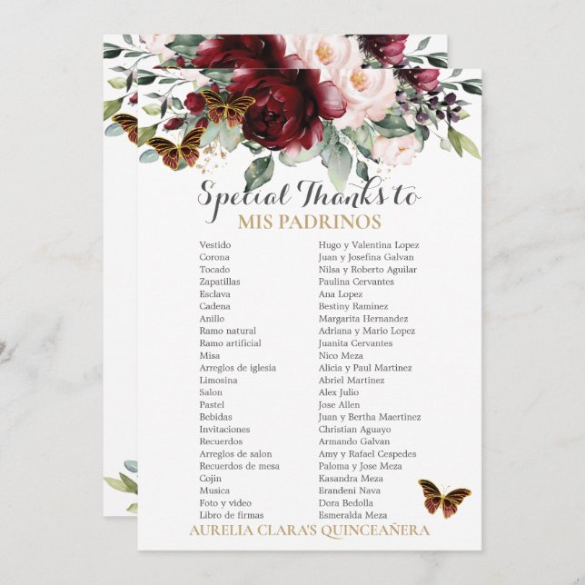 Burgundy Blush Floral QUINCEAÑERA Padrinos Card (Front/Back)