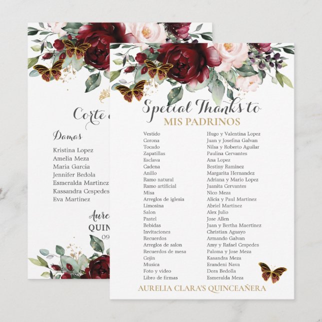Burgundy Blush Floral QUINCEAÑERA Padrinos Card (Front/Back)