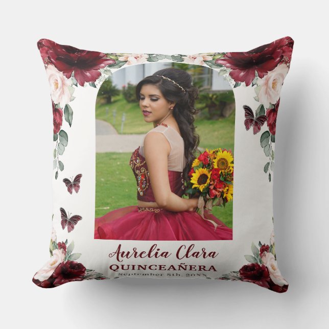 Burgundy Blush Floral Quinceañera Photo Keepsake Cushion (Front)