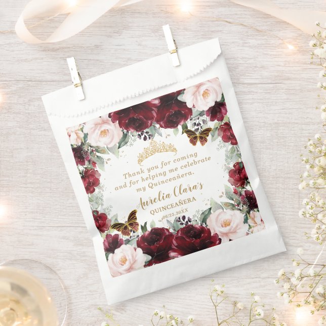 Burgundy Blush Floral Quinceanera Sweet 16  Favour Bag (Clipped)