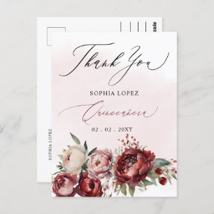 Burgundy Blush Floral Quinceañera Thank You Postcard