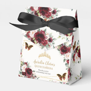 Burgundy Blush Floral Quinceañera Tiara Butterfly Favour Box