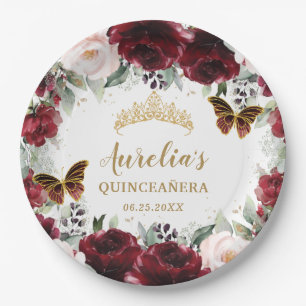 Burgundy Blush Floral Quinceañera Tiara Princess Paper Plate