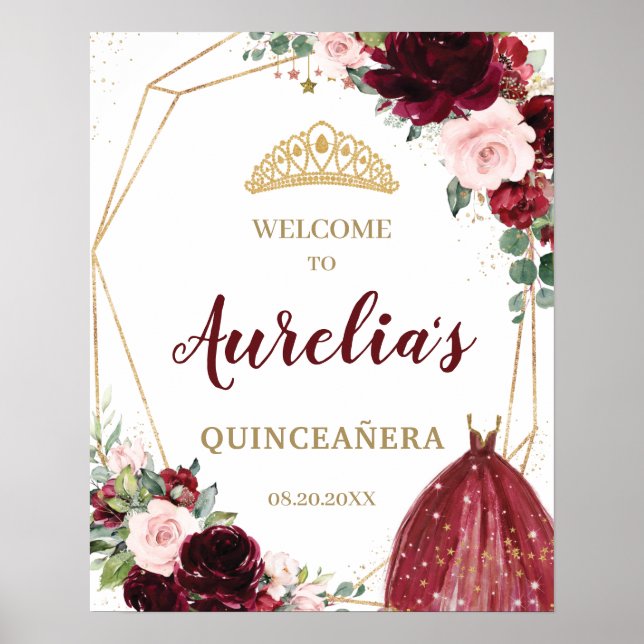 Burgundy Blush Floral Quinceañera Tiara Welcome  Poster (Front)