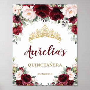 Burgundy Blush Floral Quinceañera Tiara Welcome  Poster